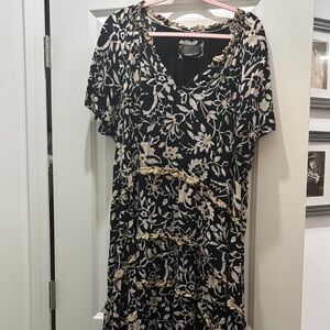 Anthropologie Black and Cream Floral Midi Dress